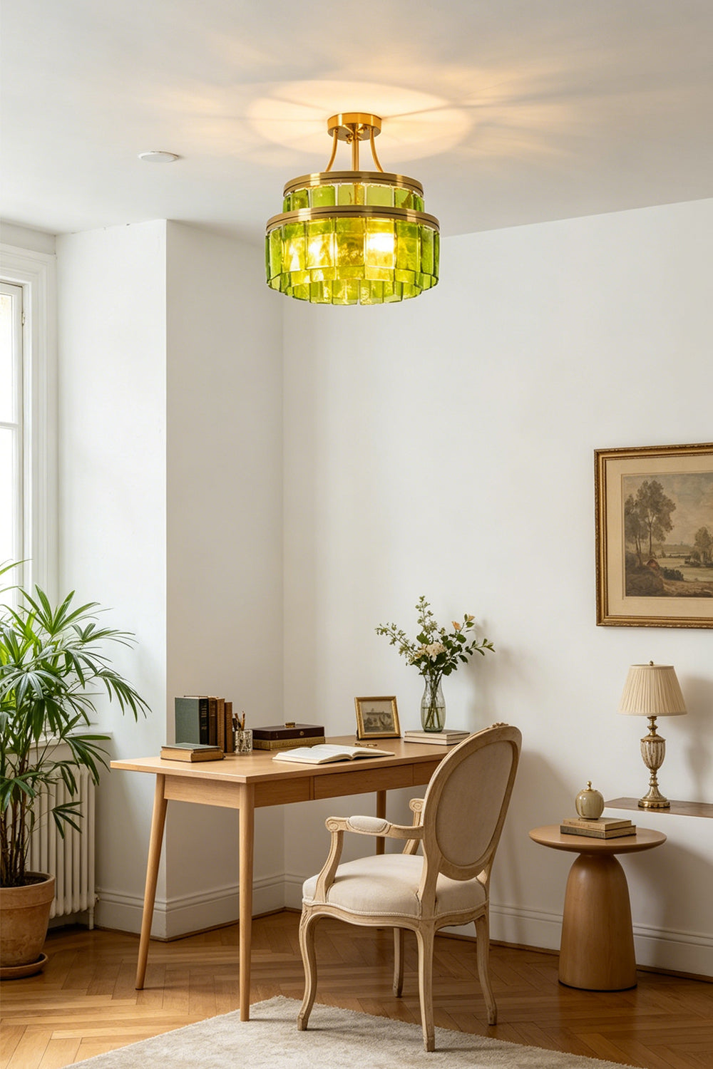 Aura Verdant Tiered Green Glass Ceiling Light | Metal, Glass | Wall-adjacent ceiling mount lighting up a classic home office with a wooden desk and elegant chair | Samu Lamp Aura Verdant