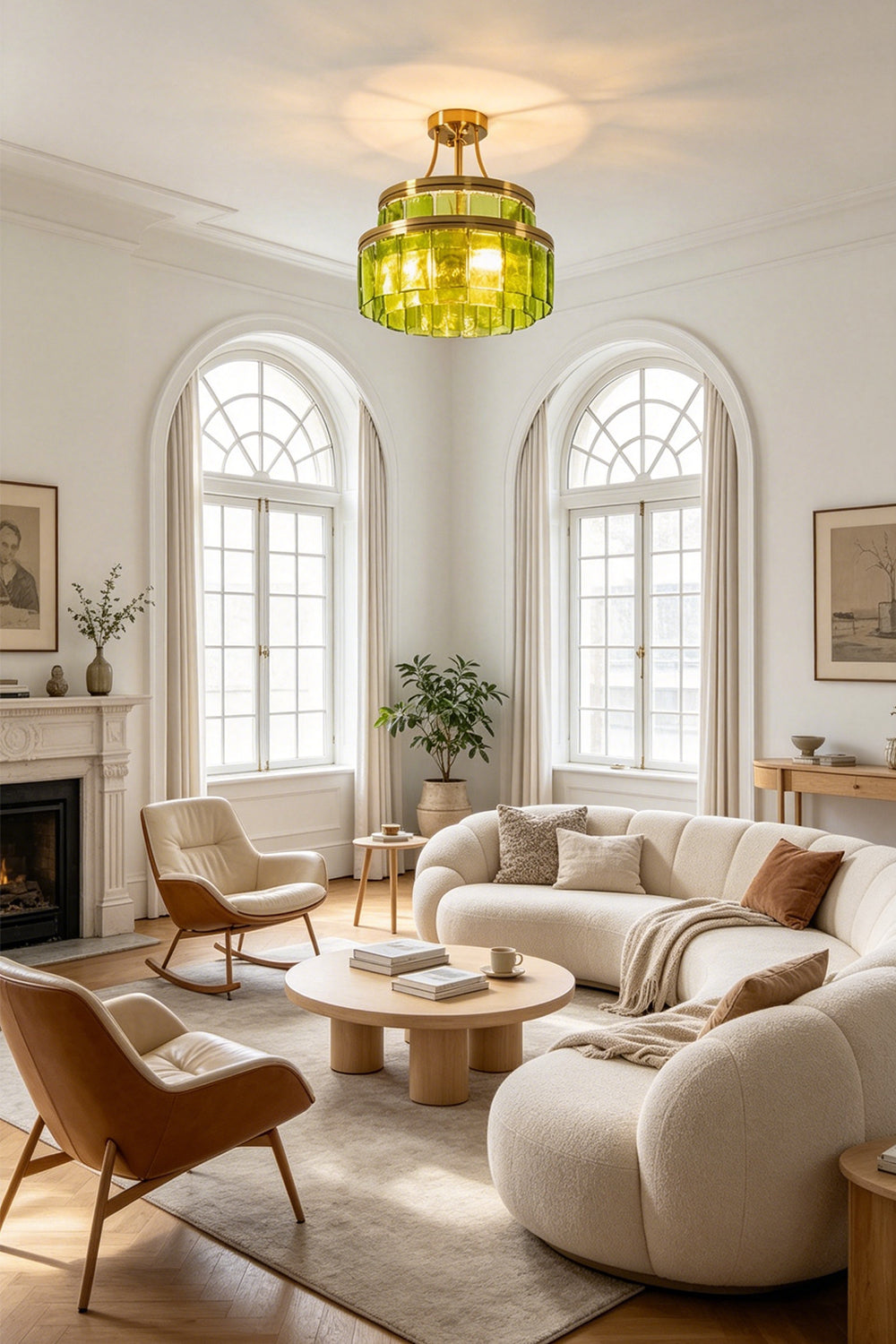 Aura Verdant Tiered Green Glass Ceiling Light | Metal, Glass | Providing a warm glow in a sophisticated, sunlit living room with curved sofas and large arched windows | Samu Lamp Aura Verdant
