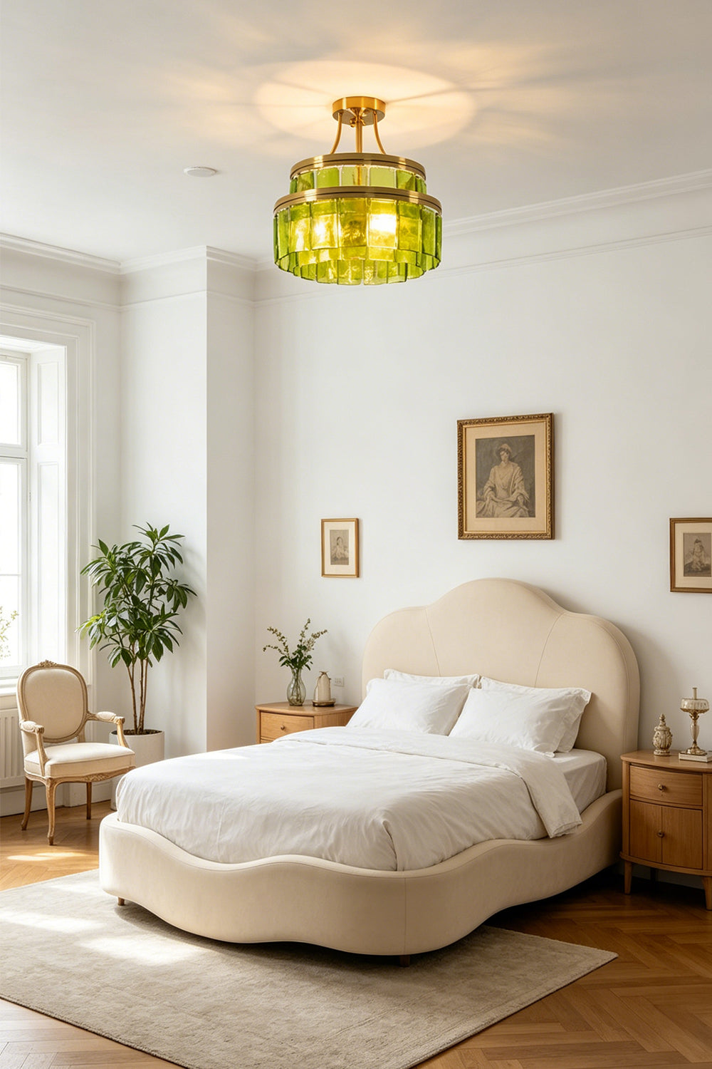 Aura Verdant Tiered Green Glass Ceiling Light | Metal, Glass | Positioned as central ambient light in a cozy white bedroom with a plush upholstered headboard | Samu Lamp