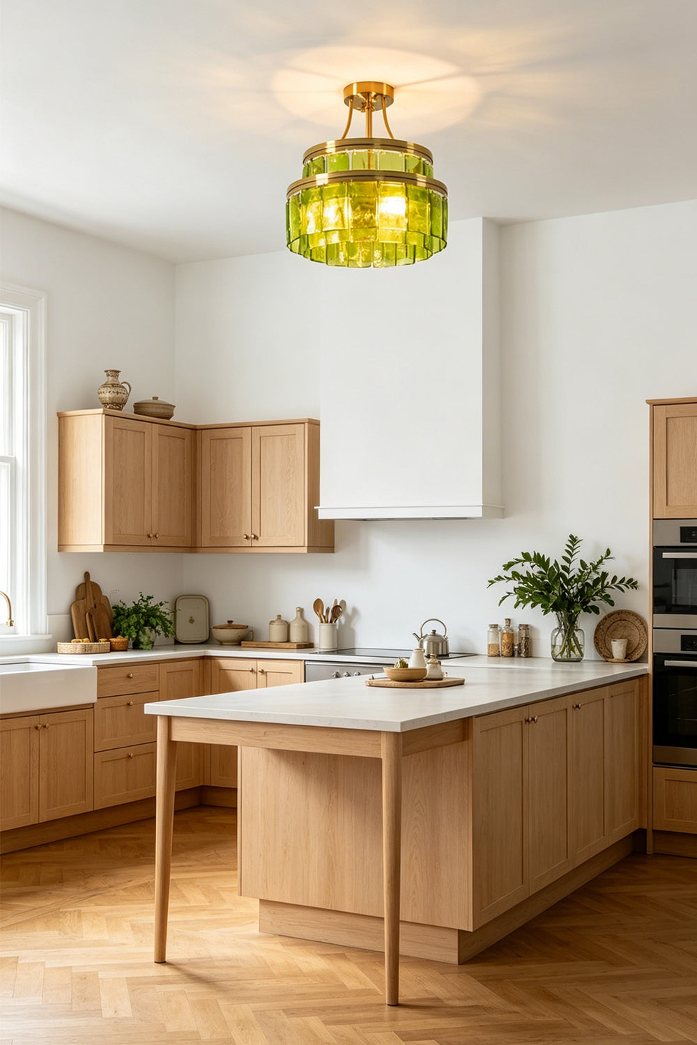 Aura Verdant Tiered Green Glass Ceiling Light | Metal, Glass | Installed as central illumination in a bright kitchen with light wood cabinetry and a kitchen island | Samu Lamp