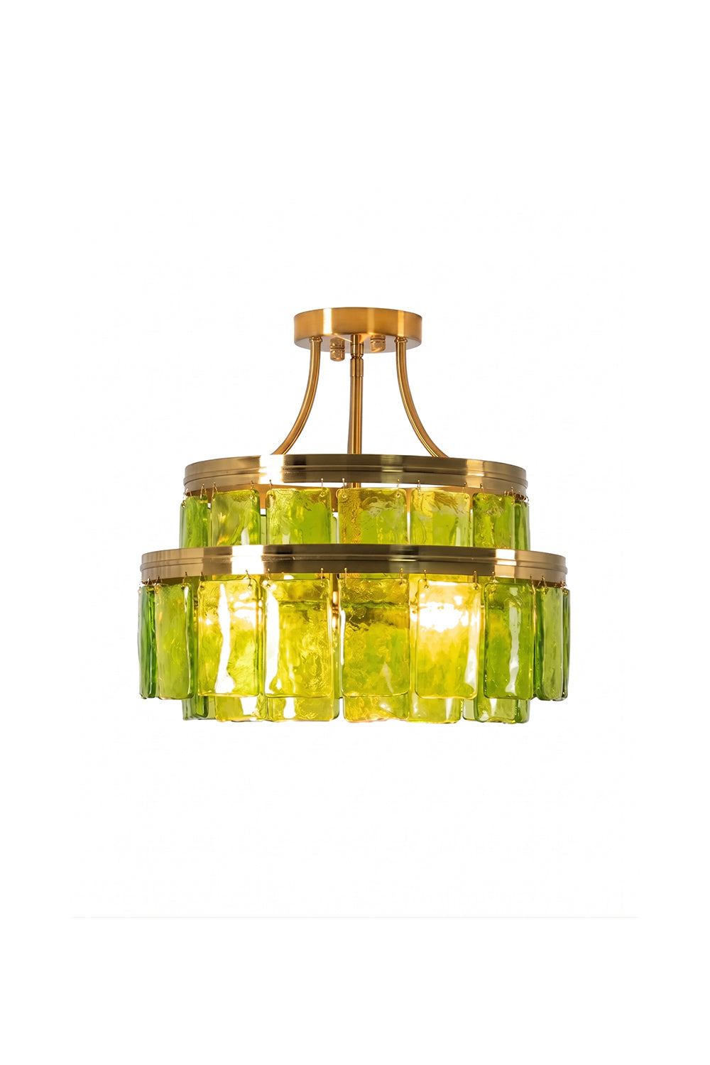 Aura Verdant Tiered Green Glass Ceiling Light | Metal, Glass | Two-tier semi-flush mount ceiling light with rectangular textured green glass plates and brushed brass hardware | Isolated lit product shot on white background | Samu Lamp