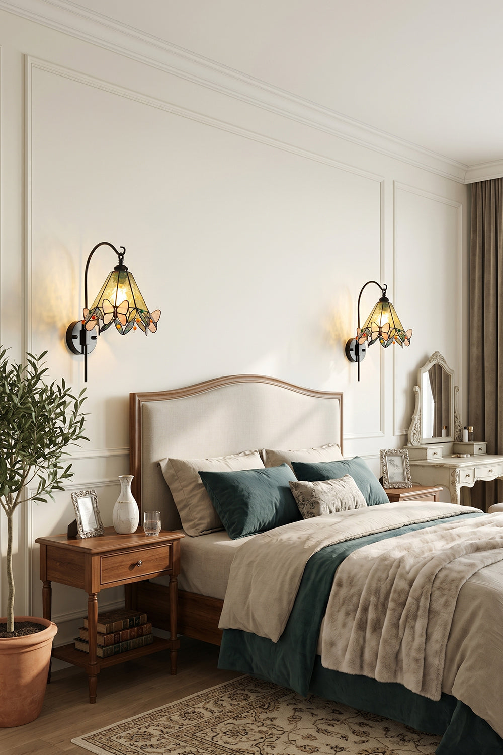 Aura Vine Stained Glass Wall Sconce | Glass, Metal | Symmetrically mounted as elegant bedside lighting on both sides of a classic upholstered bed in a bright bedroom | Samu Lamp