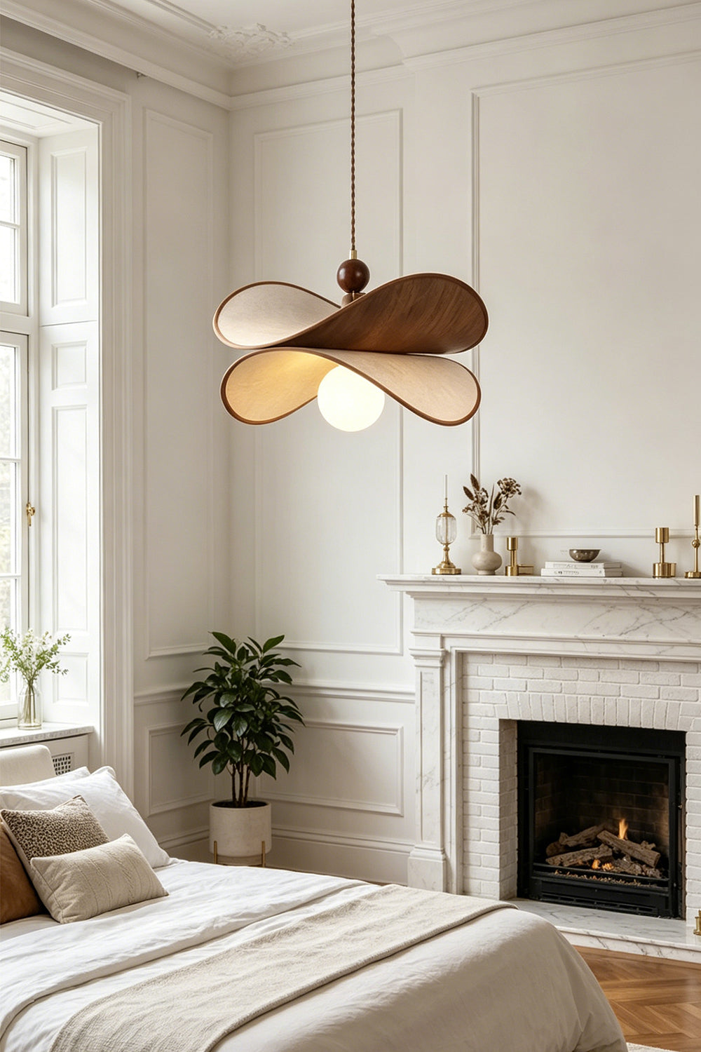 Aurelia Blossom Glass Pendant Light | Wood, Fabric, Glass | Positioned as a serene bedroom ceiling fixture casting a cozy glow near an elegant bed and a classical fireplace | Samu Lamp