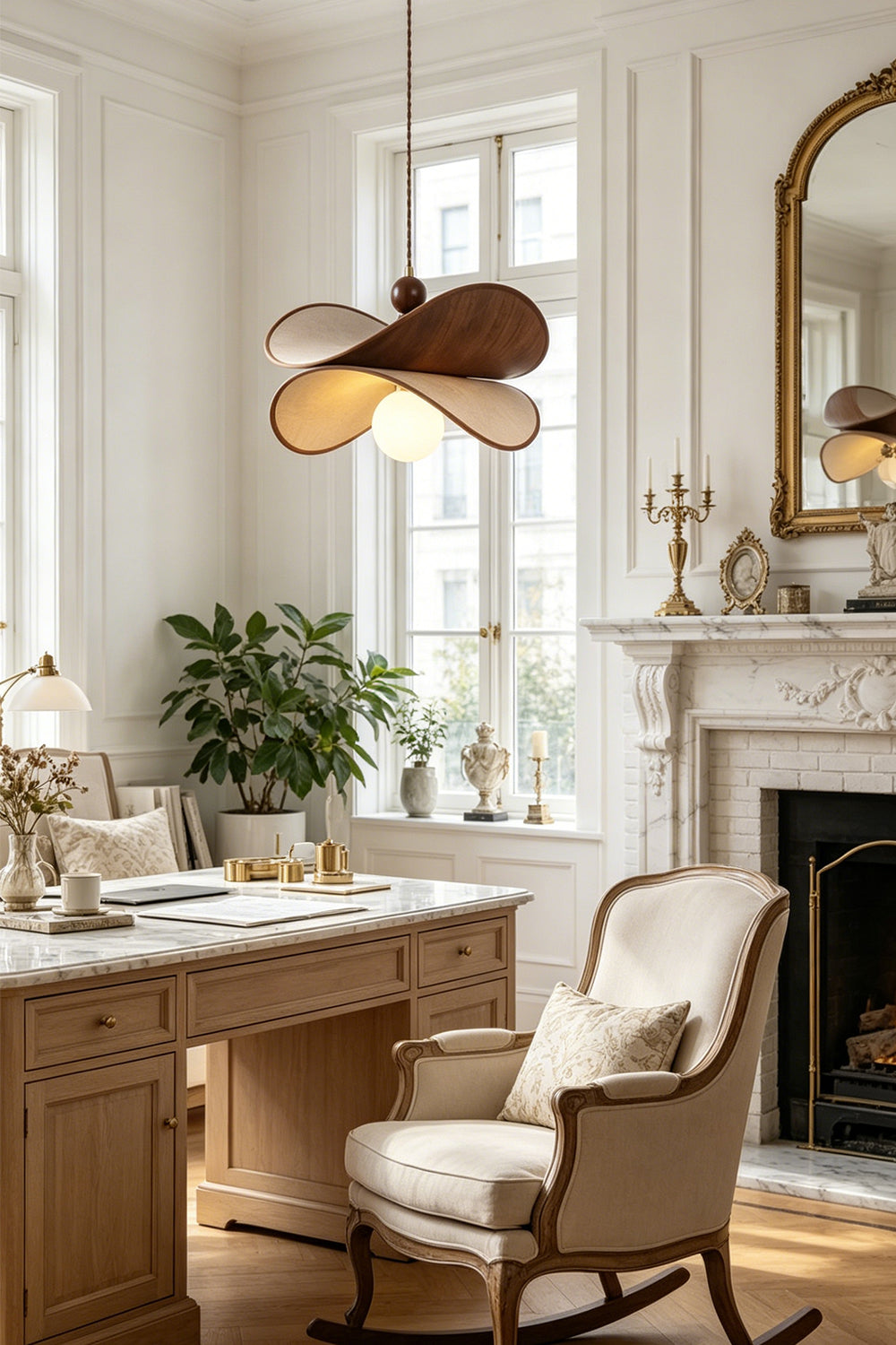 Aurelia Blossom Glass Pendant Light | Wood, Fabric, Glass | Hanging as a charming accent light over a classic wooden writing desk and upholstered armchair in a sunlit home office | Samu Lamp