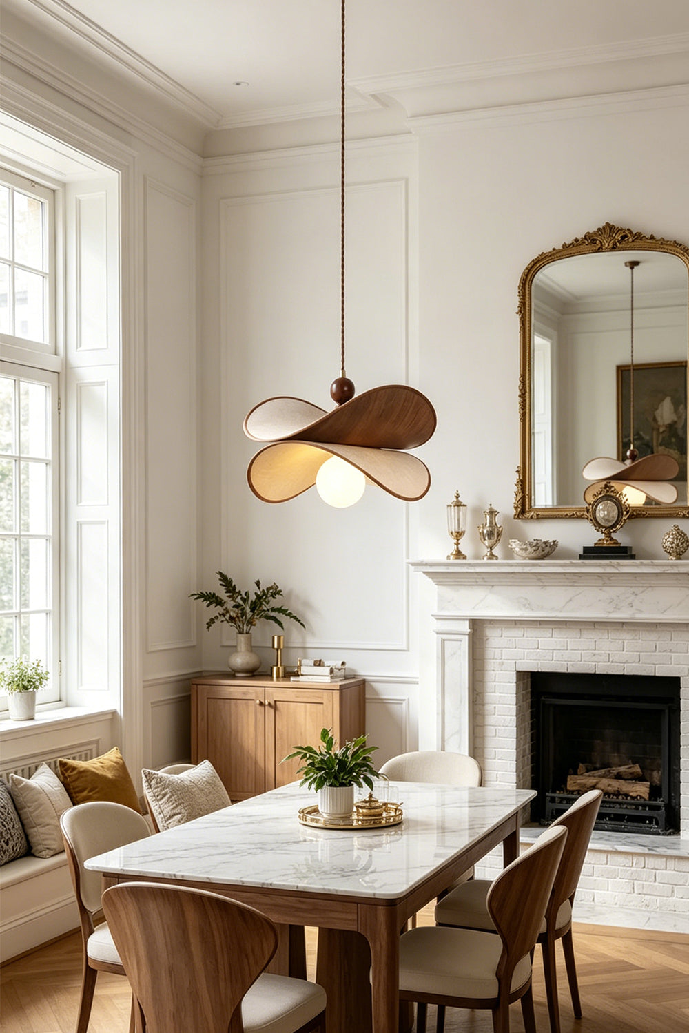 Aurelia Blossom Glass Pendant Light | Wood, Fabric, Glass | Wide-angle view of the illuminated flower-shaped wooden pendant light enhancing a sophisticated open-plan dining space | Samu Lamp
