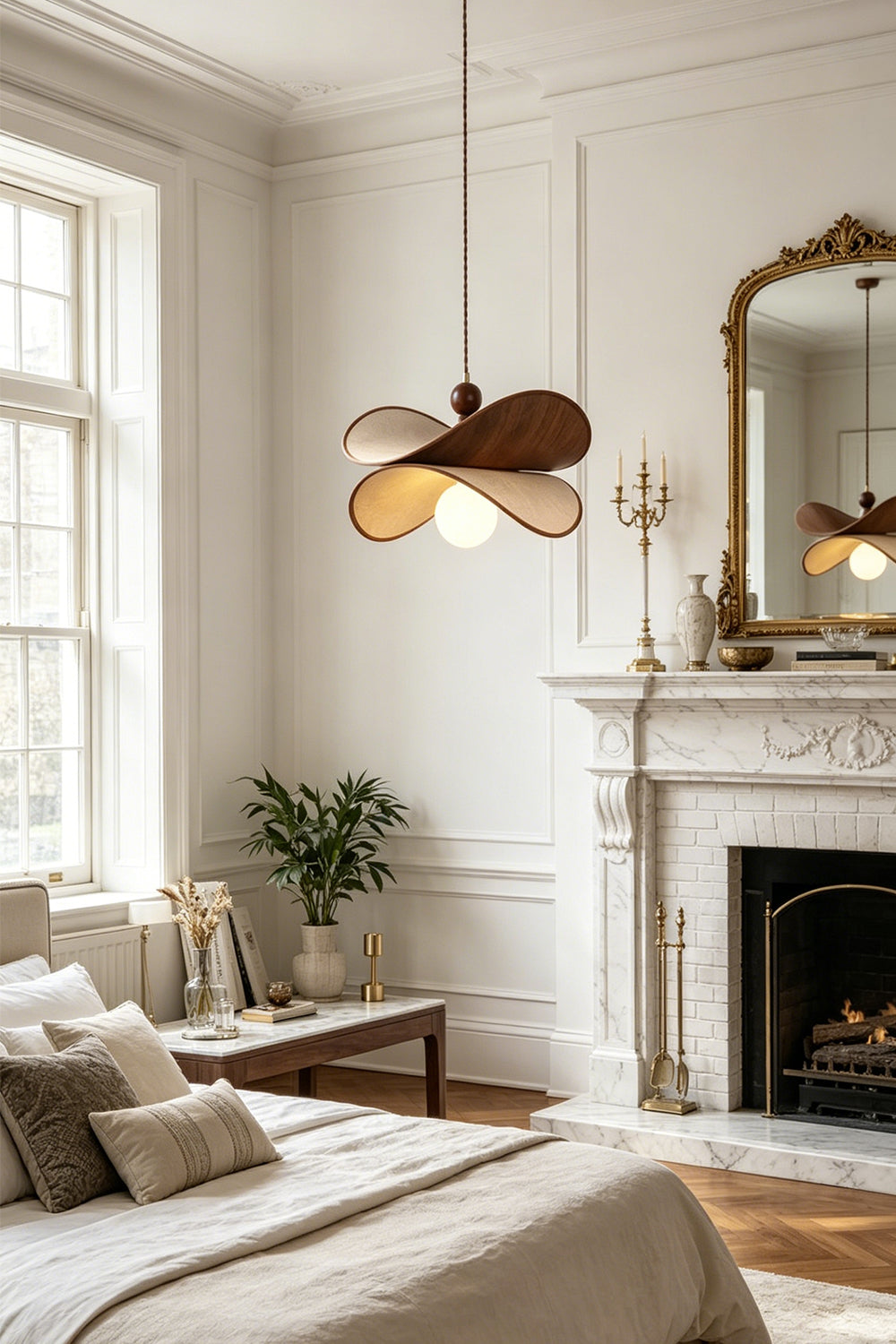 Aurelia Blossom Glass Pendant Light | Wood, Fabric, Glass | Detailed room shot showing the organic wooden hanging lamp illuminating a luxurious bright master bedroom suite | Samu Lamp