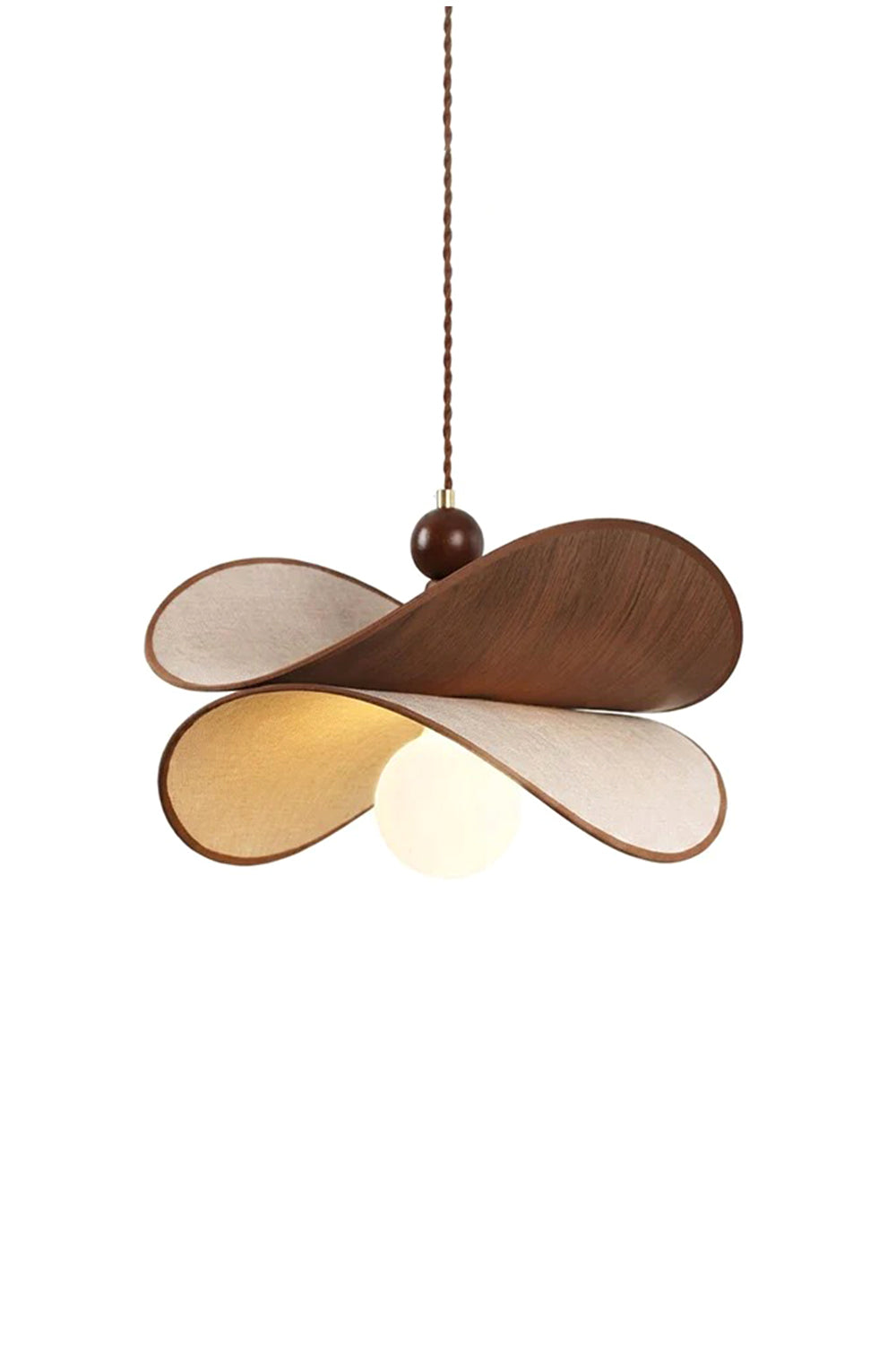 Aurelia Blossom Glass Pendant Light | Wood, Fabric, Glass | Isolated lit view of an organic modern pendant light featuring layered, wave-curved walnut wood and fabric petals surrounding a central frosted white glass globe bulb | White background | Samu Lamp