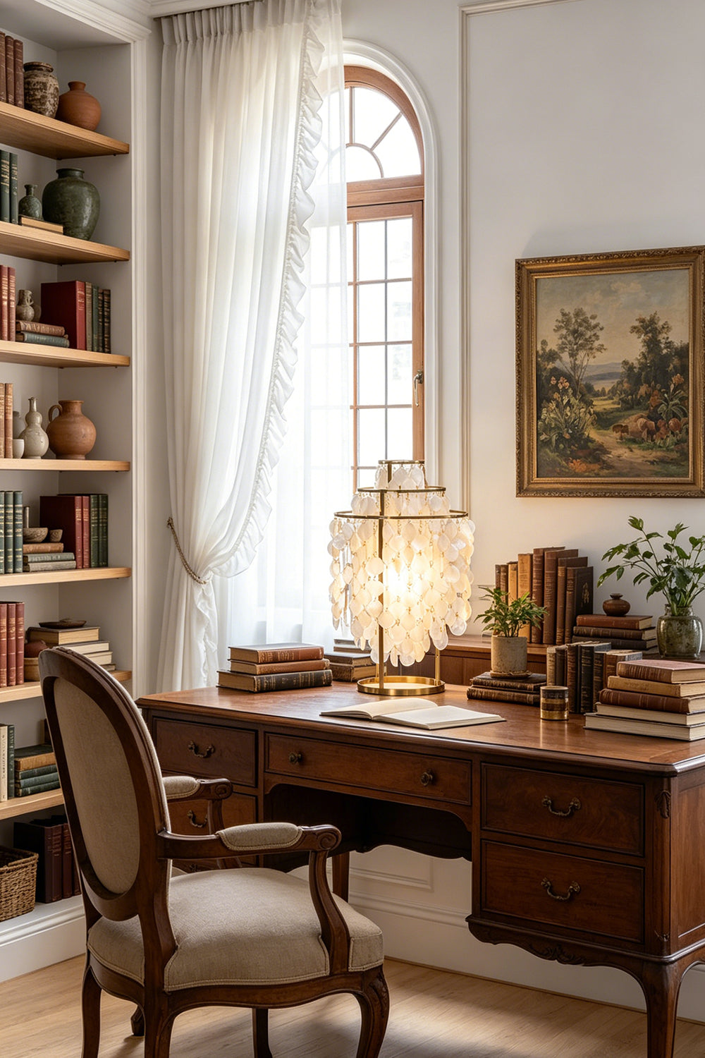 Aurelia Tiered Capiz Table Lamp | Capiz Shell, Metal | Illuminating a vintage dark wood executive writing desk in a classic home library with an arched window | Samu Lamp