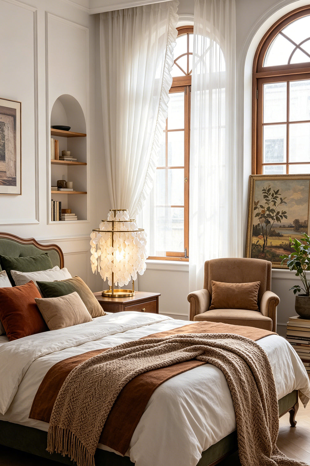 Aurelia Tiered Capiz Table Lamp | Capiz Shell, Metal | Positioned as a cozy bedtime reading lamp on a wooden nightstand in an elegant bedroom with an arched window | Samu Lamp