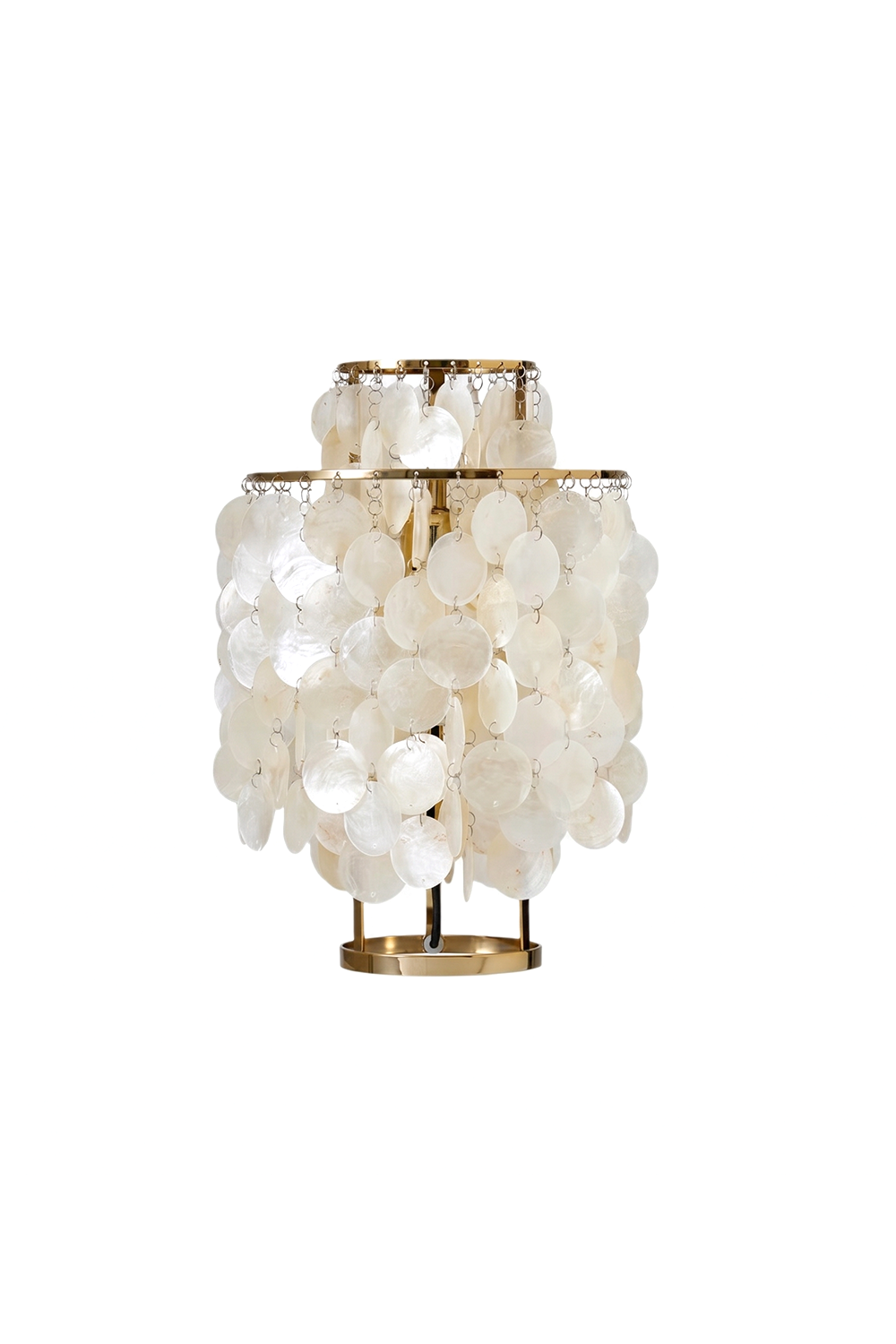 Aurelia Tiered Capiz Table Lamp | Capiz Shell, Metal | Multi-tiered cylinder table lamp with cascading translucent capiz shell discs on a gold metal frame | Isolated product shot on white background | Samu Lamp