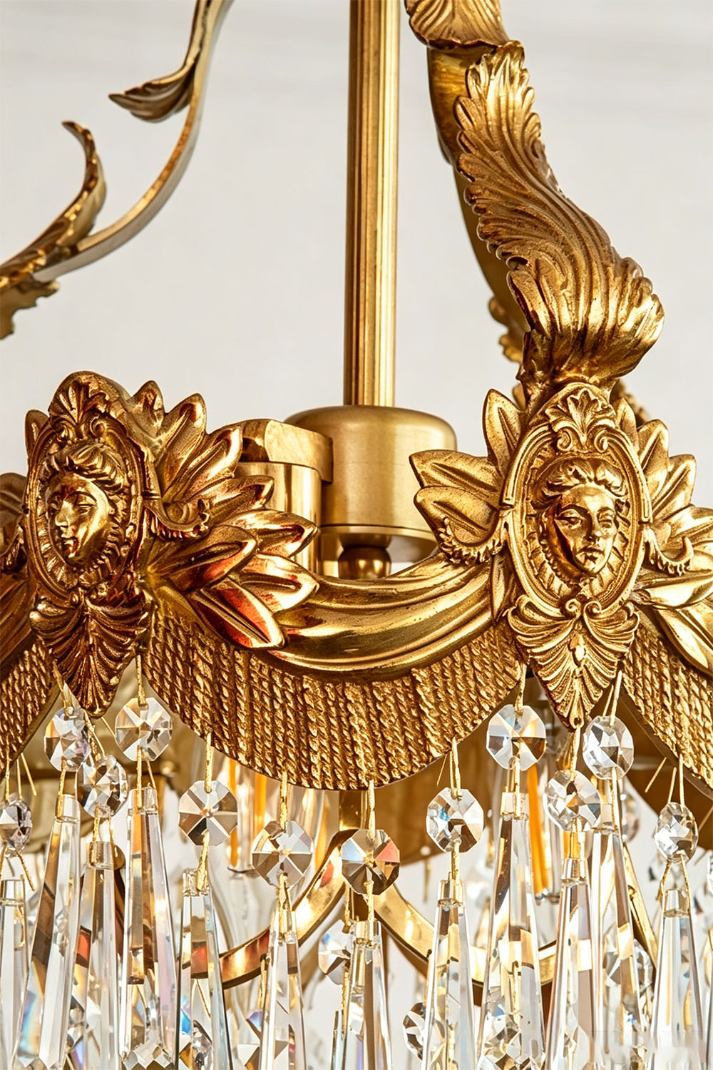 Aurelien Crystal Crown Brass Island Chandelier | Cut Crystal and Brass | Macro close-up of the ornate filigree brass crown rim | Samu Lamp