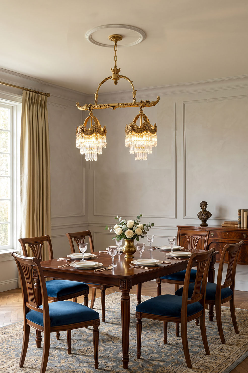 Aurelien Crystal Crown Brass Island Chandelier | Cut Crystal and Brass | Displayed above a dining table with blue velvet chairs | Samu Lamp