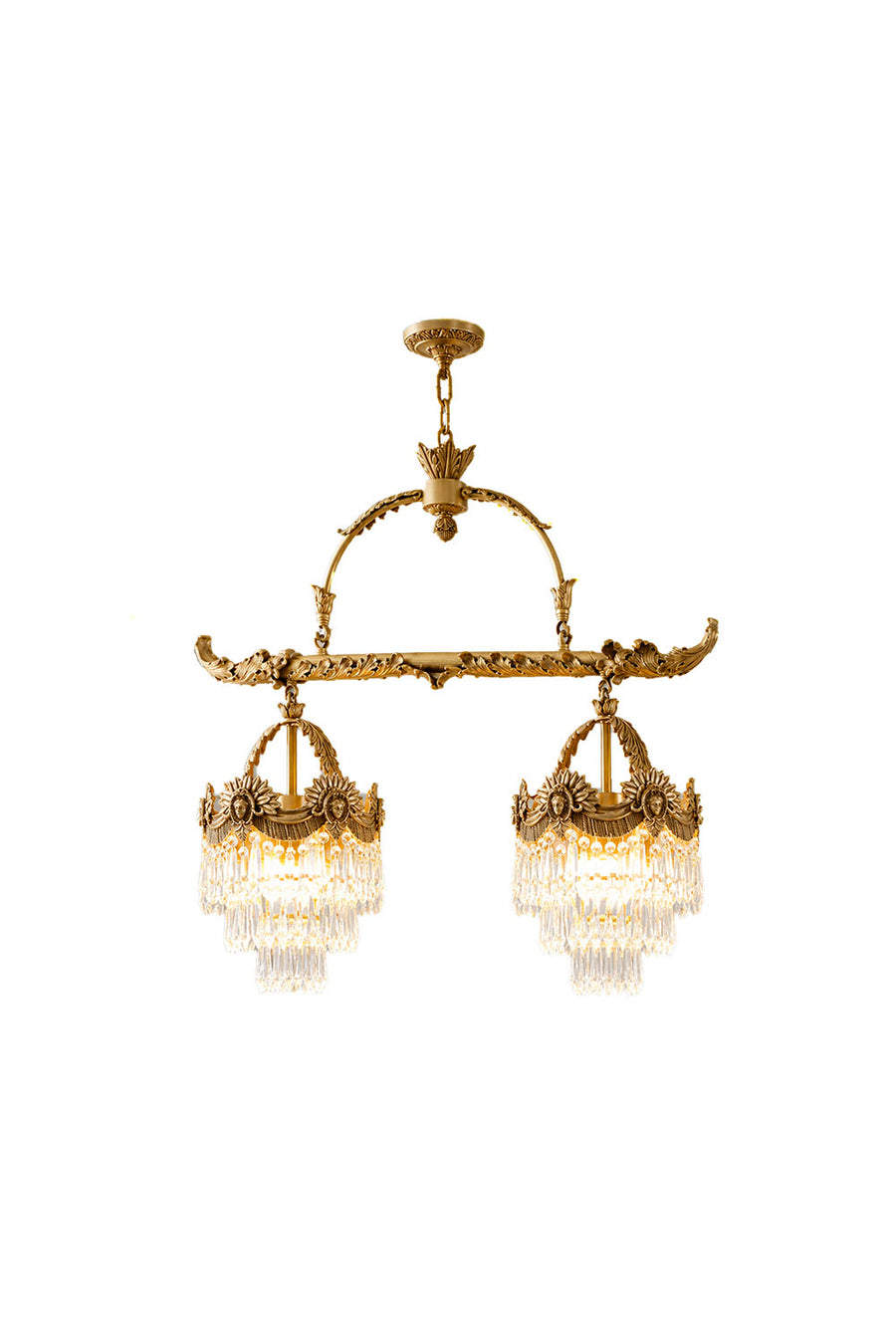Aurelien Crystal Crown Brass Island Chandelier | Cut Crystal and Brass | Front full view on a pure white background, illuminated | Samu Lamp