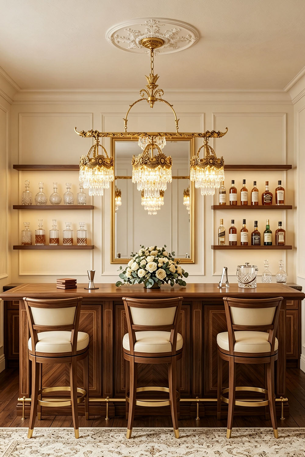Aurelien Crystal Crown Brass Island Chandelier | Cut Crystal and Brass | Styled above a home bar counter with wooden barstools and shelf display | Samu Lamp