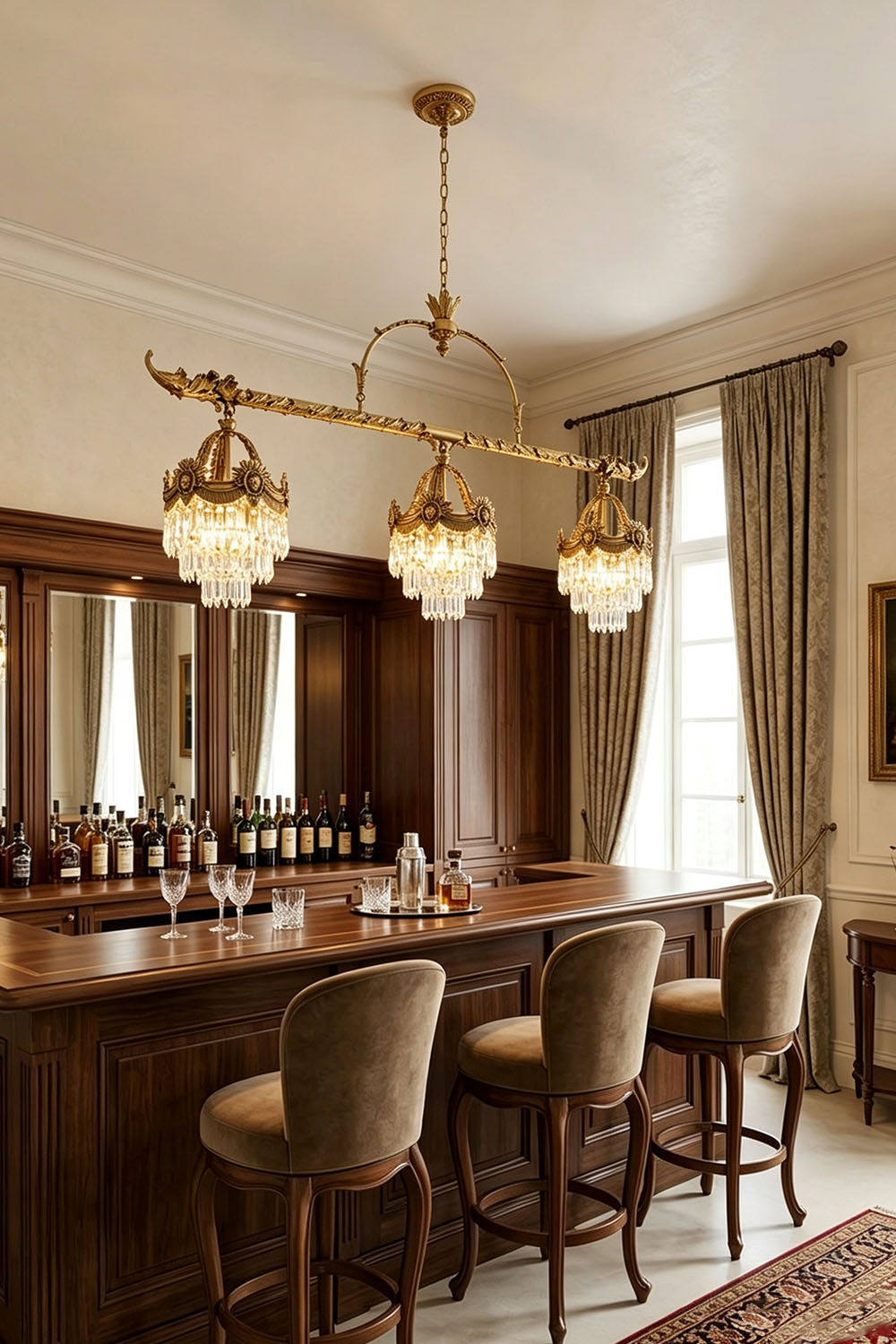 Aurelien Crystal Crown Brass Island Chandelier | Cut Crystal and Brass | Lighting up a luxury bar counter lounge with dark wood paneling | Samu Lamp
