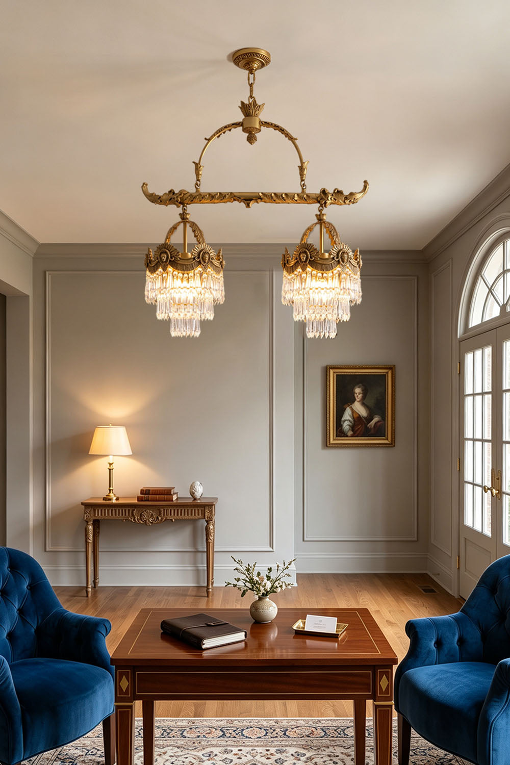 Aurelien Crystal Crown Brass Island Chandelier | Cut Crystal and Brass | Hanging in a classic sitting room with blue armchairs and coffee table | Samu Lamp