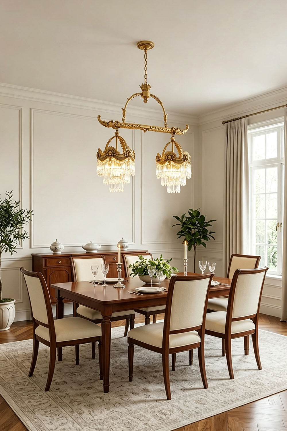 Aurelien Crystal Crown Brass Island Chandelier | Cut Crystal and Brass | Illuminating a formal dining room with upholstered wooden chairs | Samu Lamp