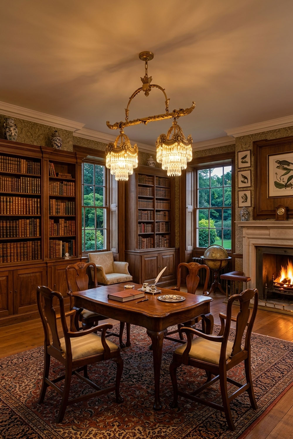 Aurelien Crystal Crown Brass Island Chandelier | Cut Crystal and Brass | Centered in a traditional home library with wooden bookshelves | Samu Lamp