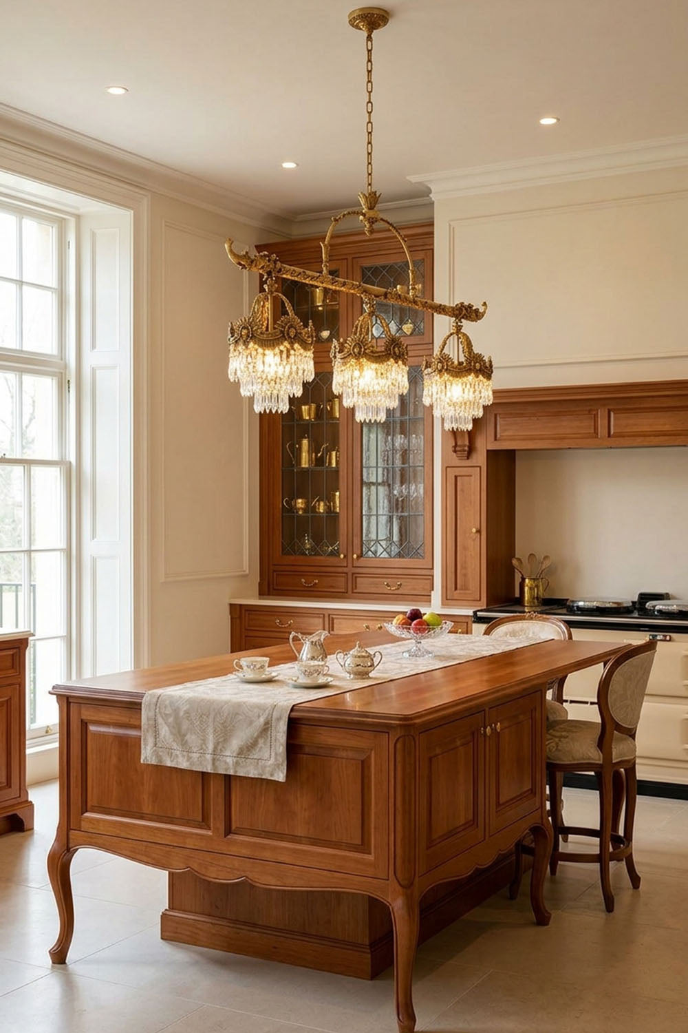 Aurelien Crystal Crown Brass Island Chandelier | Cut Crystal and Brass | Hanging over a long wooden kitchen island table in a bright room | Samu Lamp