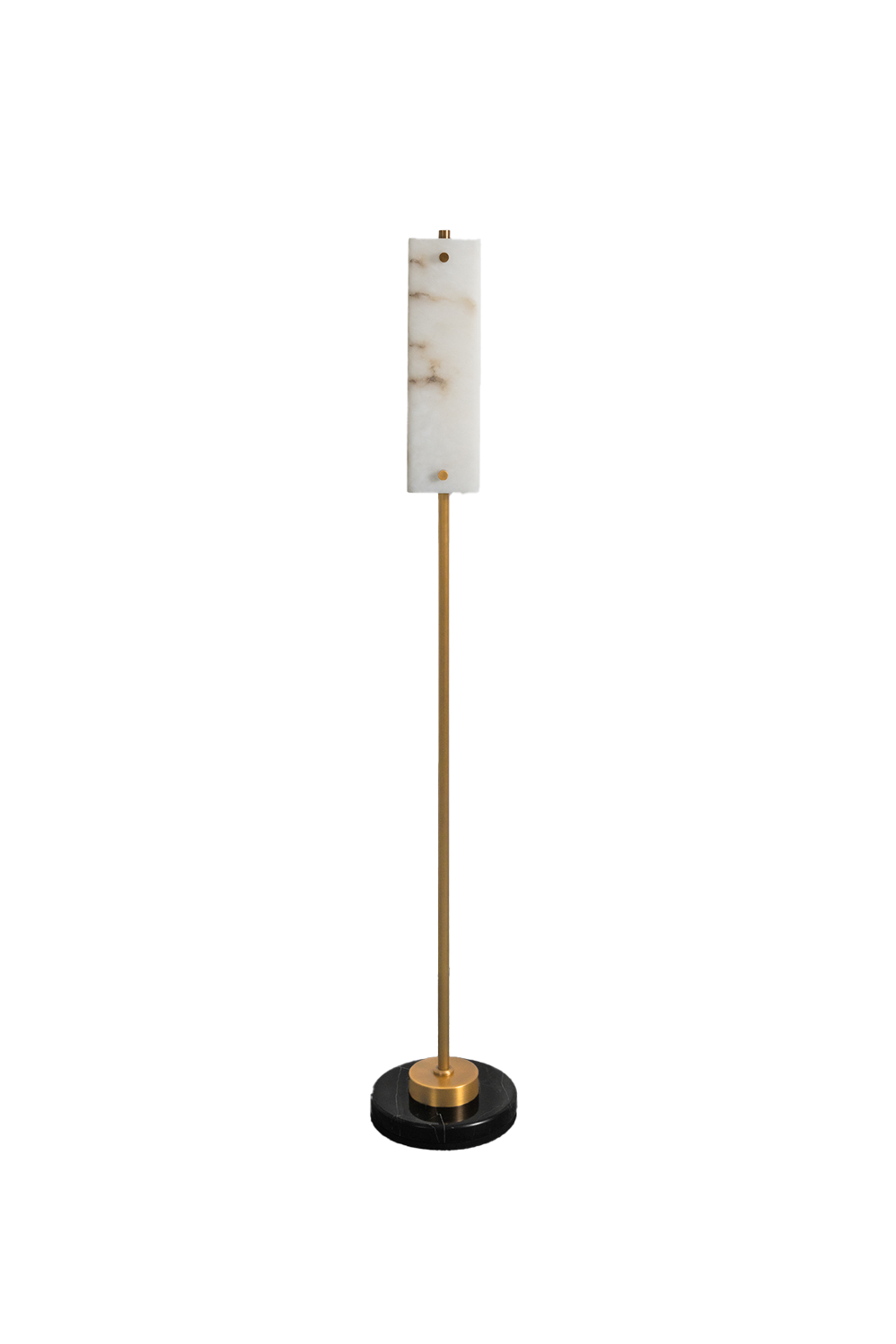Aurelius Alabaster Brass Floor Lamp | Alabaster, Brass | Isolated unlit view of a luxury minimalist floor lamp featuring a vertical rectangular U-shaped white alabaster stone shade on a slim gold brass stem and a round black marble base | White background | Samu Lamp