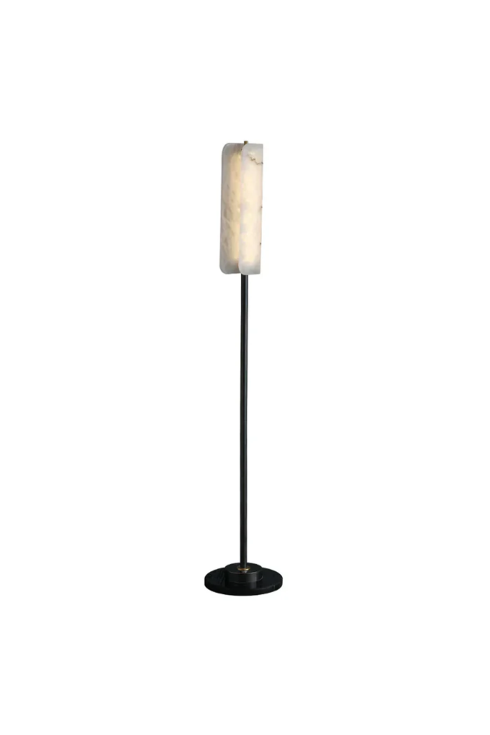 Aurelius Alabaster Brass Floor Lamp | Alabaster, Metal | Studio full-length shot of the unlit minimalist linear standing lamp showing its elegant tall silhouette against a solid white background | Samu Lamp