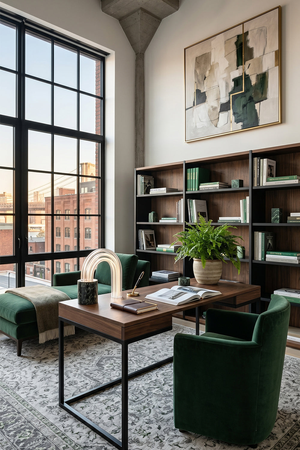 Aurelius Ribbed Marble Table Lamp illuminating a stylish office with green chairs and large windows.