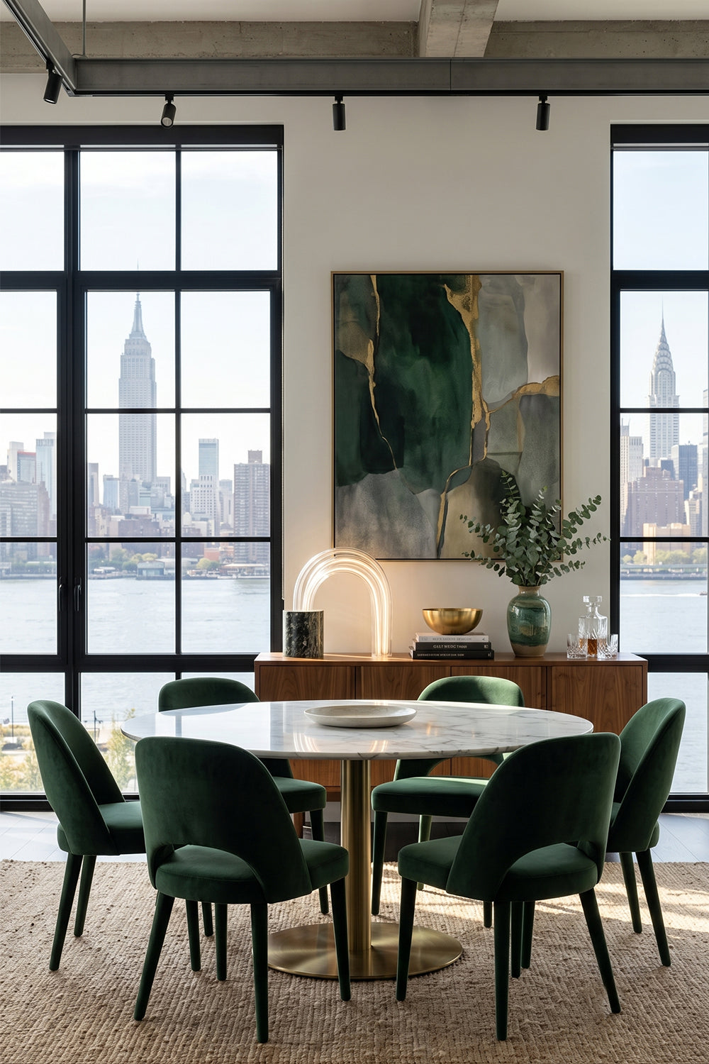 Modern dining room featuring the Aurelius Ribbed Marble Table Lamp, green velvet chairs, and a stunning city skyline view.