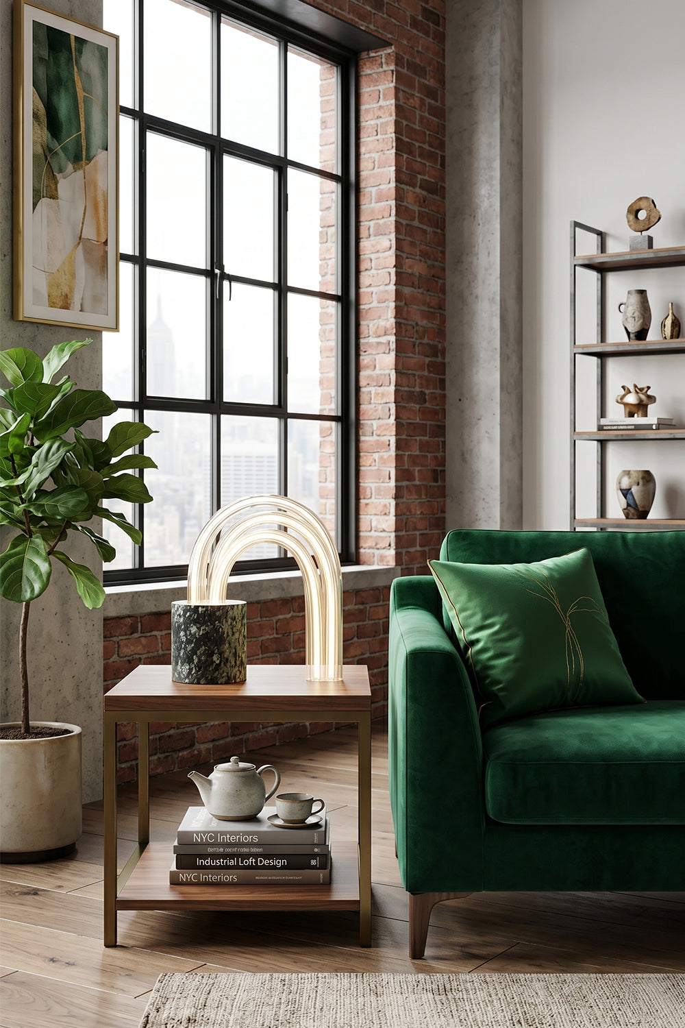 Aurelius Ribbed Marble Table Lamp on a side table next to a green sofa, with plants and decor in a modern interior.