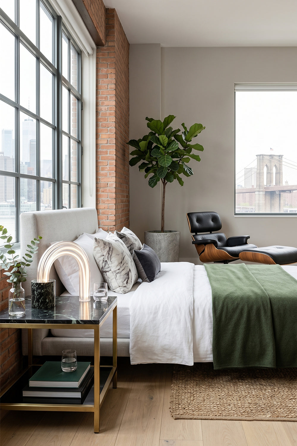 Aurelius Ribbed Marble Table Lamp in a stylish modern bedroom with a cozy bed and greenery.