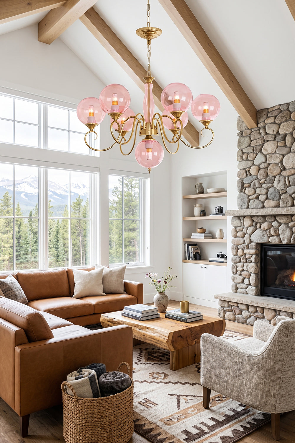Aveline Globe Cluster Chandelier | Colored Glass and Brass | Hanging in a cozy living room with leather sofas and stone fireplace | Samu Lamp