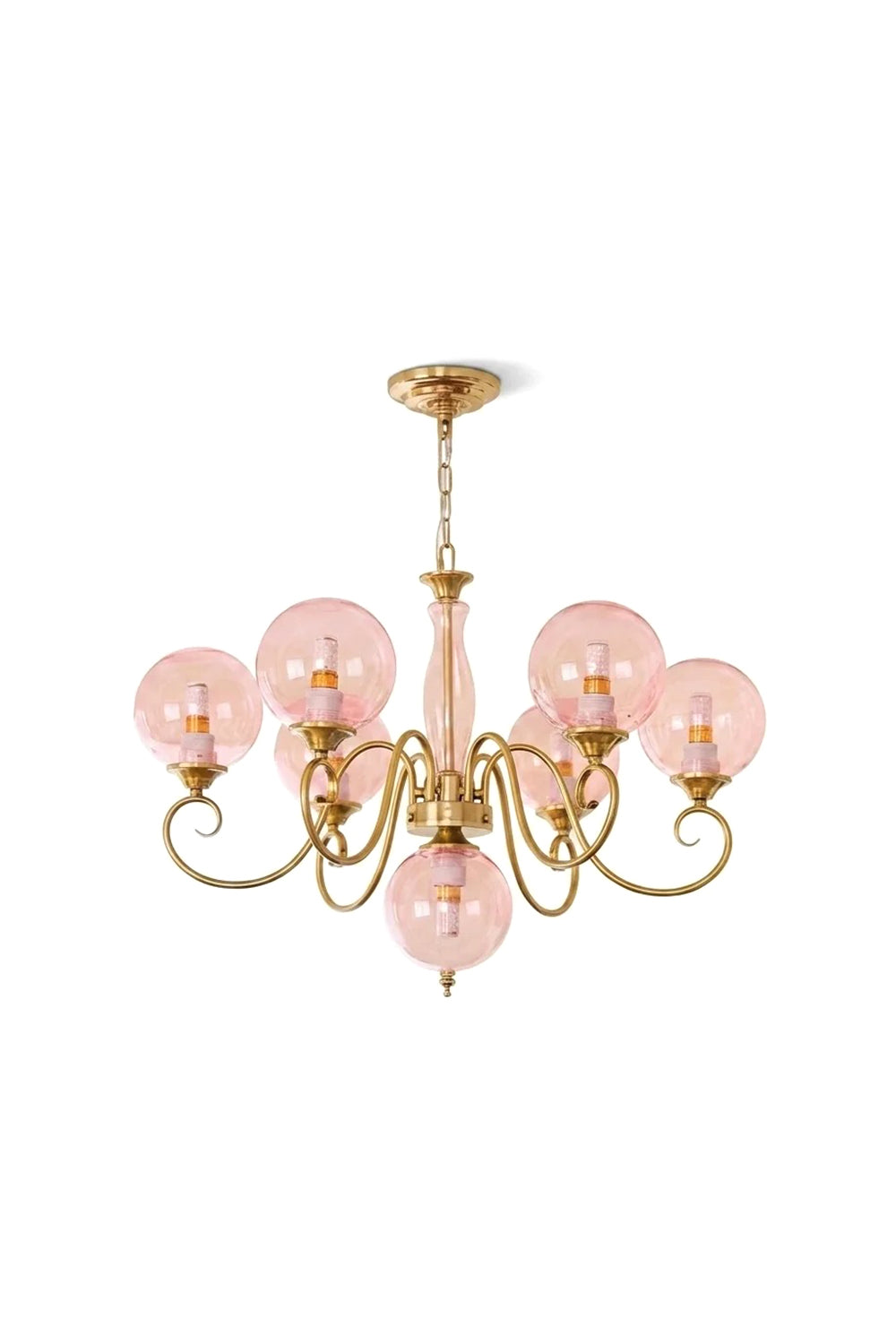 Aveline Globe Cluster Chandelier | Colored Glass and Brass | Front full view with pink glass globes on a white background | Samu Lamp