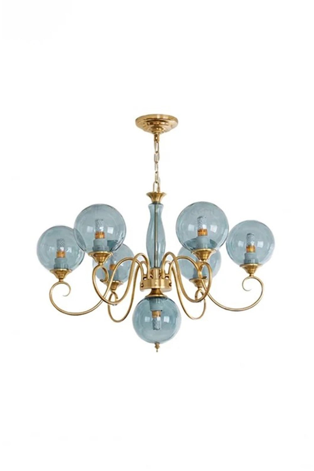 Aveline Globe Cluster Chandelier | Colored Glass and Brass | Blue glass globe shade variant full view on white backdrop | Samu Lamp
