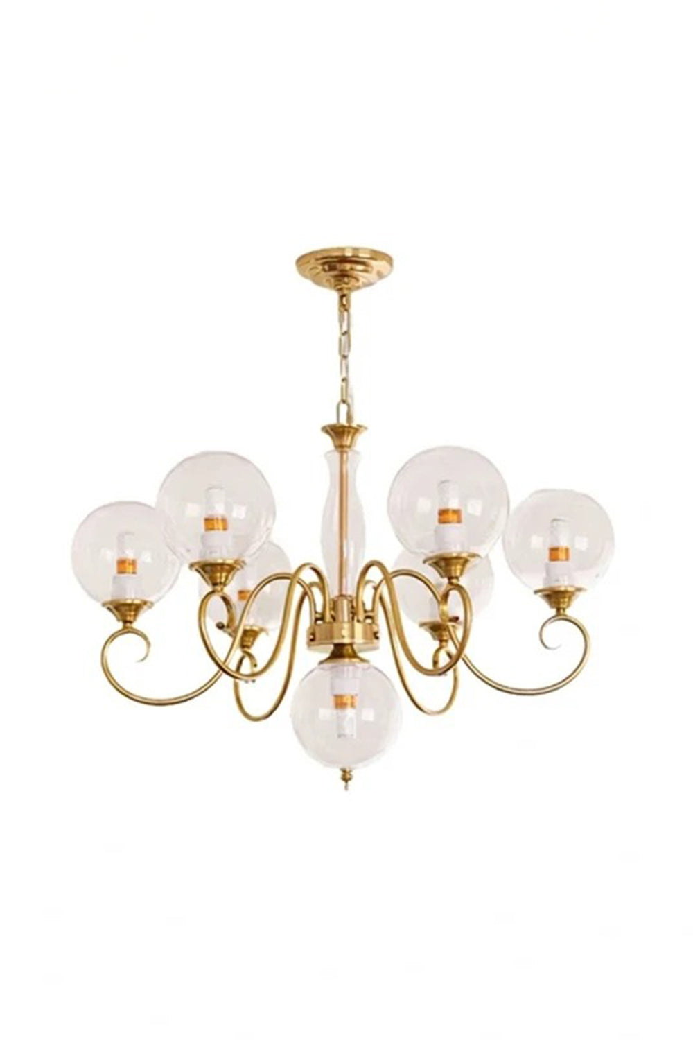 Aveline Globe Cluster Chandelier | Colored Glass and Brass | Clear frosted glass globe variant full shot on a plain background | Samu Lamp