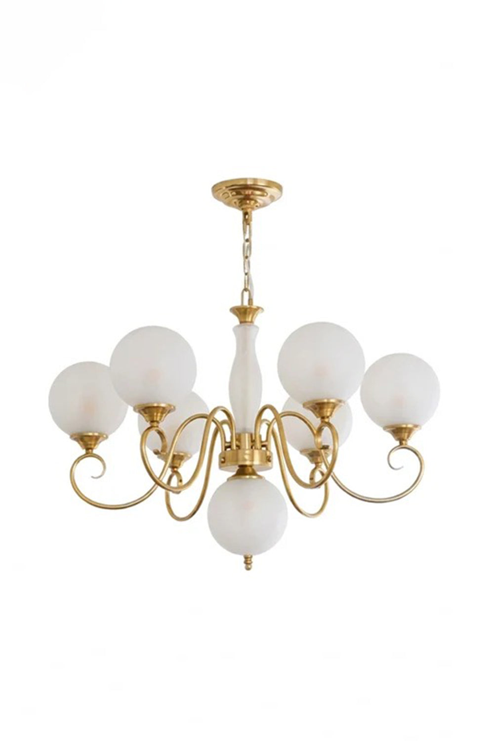 Aveline Globe Cluster Chandelier | Colored Glass and Brass | Opal white glass globe shade edition full display on white background | Samu Lamp