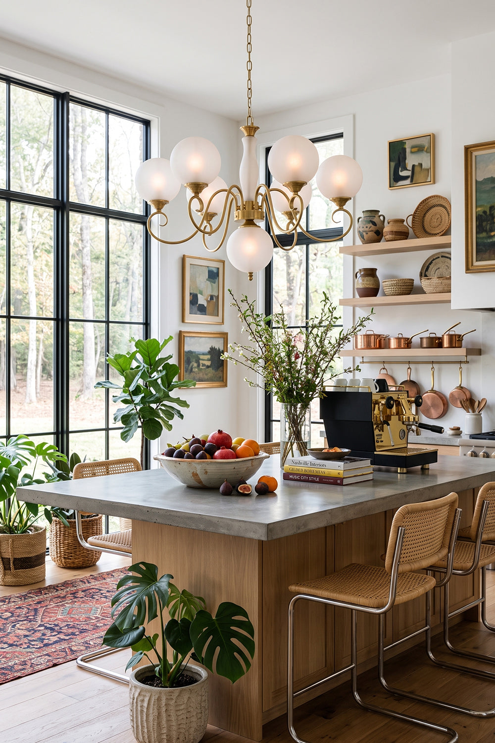 Aveline Globe Cluster Chandelier | Colored Glass and Brass | Installed above a rustic kitchen island with wooden bar stools | Samu Lamp