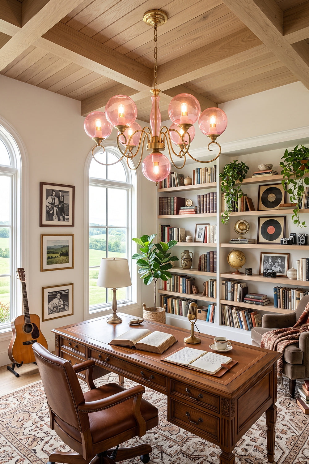 Aveline Globe Cluster Chandelier | Colored Glass and Brass | Pink glass version illuminating a classic home office with wooden desk | Samu Lamp