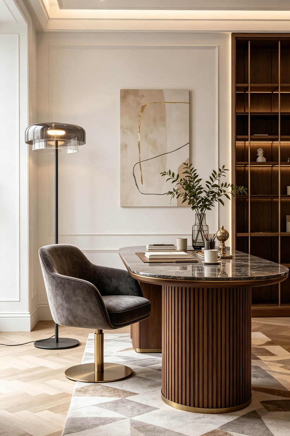 Aven Minimalist Architectural Floor Lamp | Glass, Metal | Providing refined ambient lighting in a sophisticated home study room behind a dark executive wood desk and velvet armchair | Samu Lamp