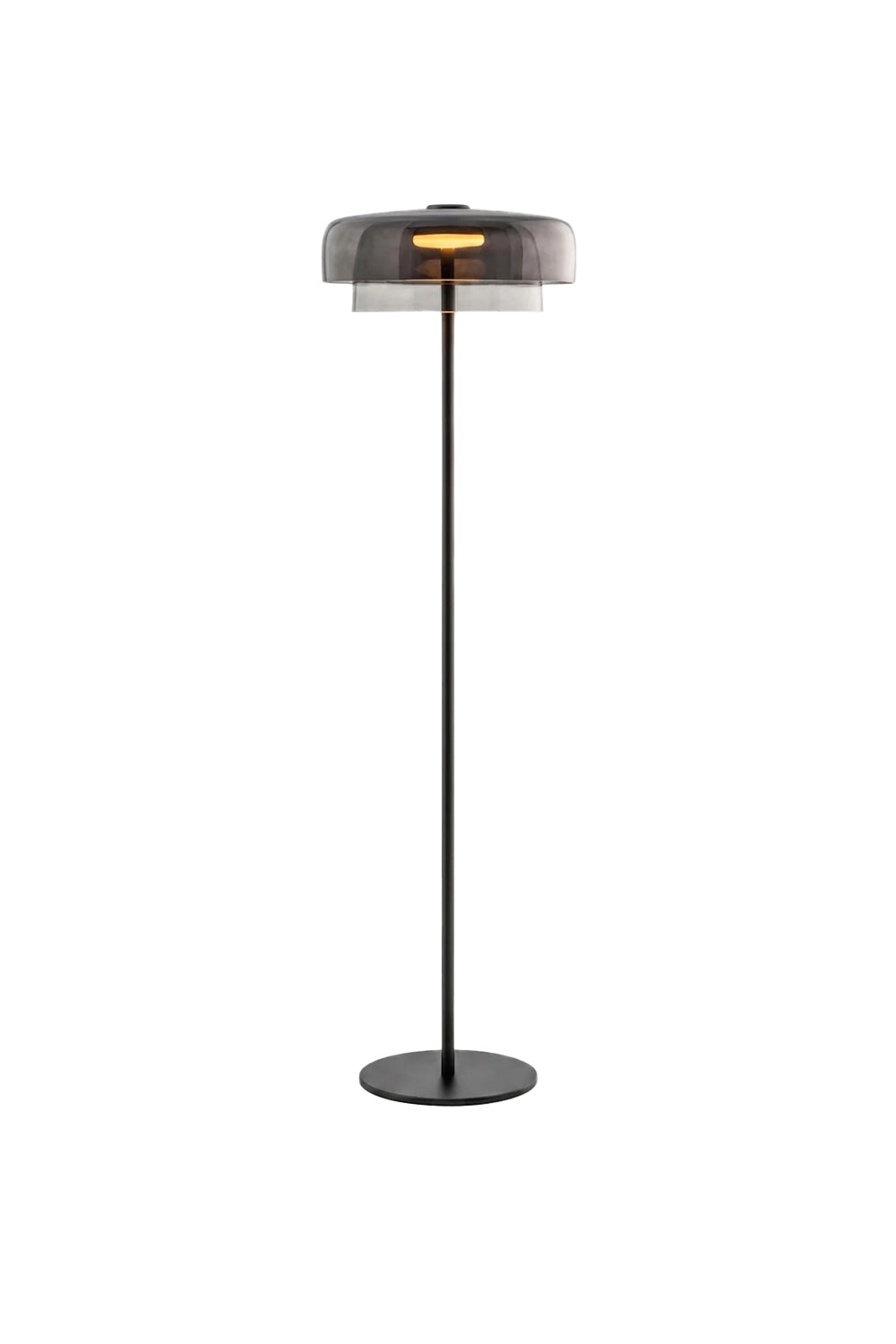 Aven Minimalist Architectural Floor Lamp | Glass, Metal | Isolated product shot of a contemporary architectural floor lamp featuring a slender matte black pole and a smoky grey glass cylinder shade | White background | Samu Lamp