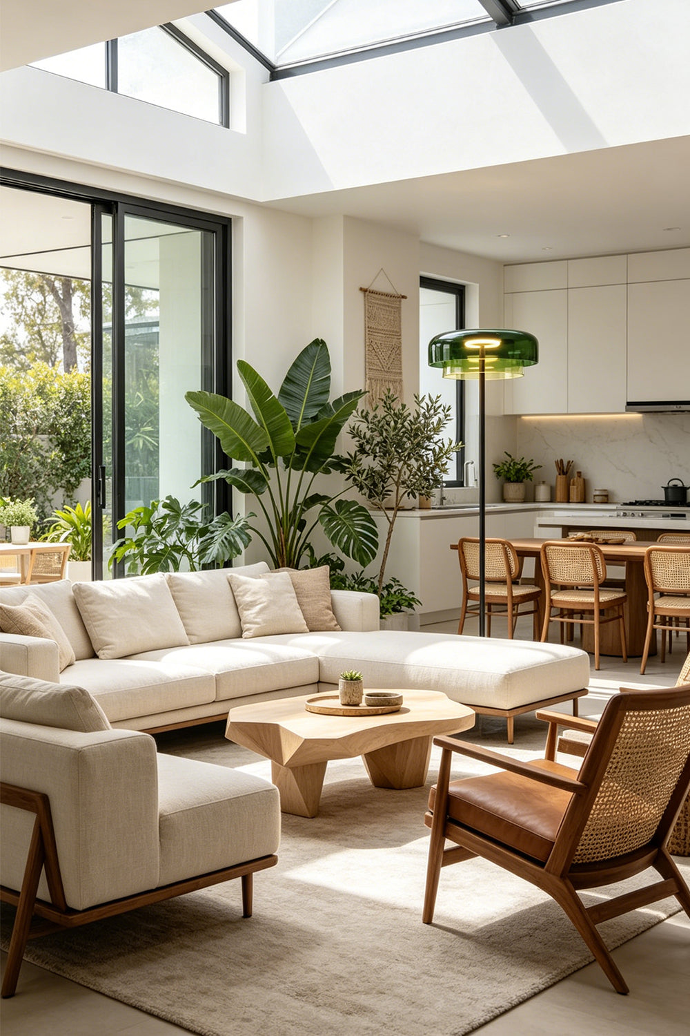 Aven Minimalist Architectural Floor Lamp | Glass, Metal | Styled in a luxurious sunlit open-plan living room with a large glass atrium skylight, cream sofas, and indoor green plants | Samu Lamp