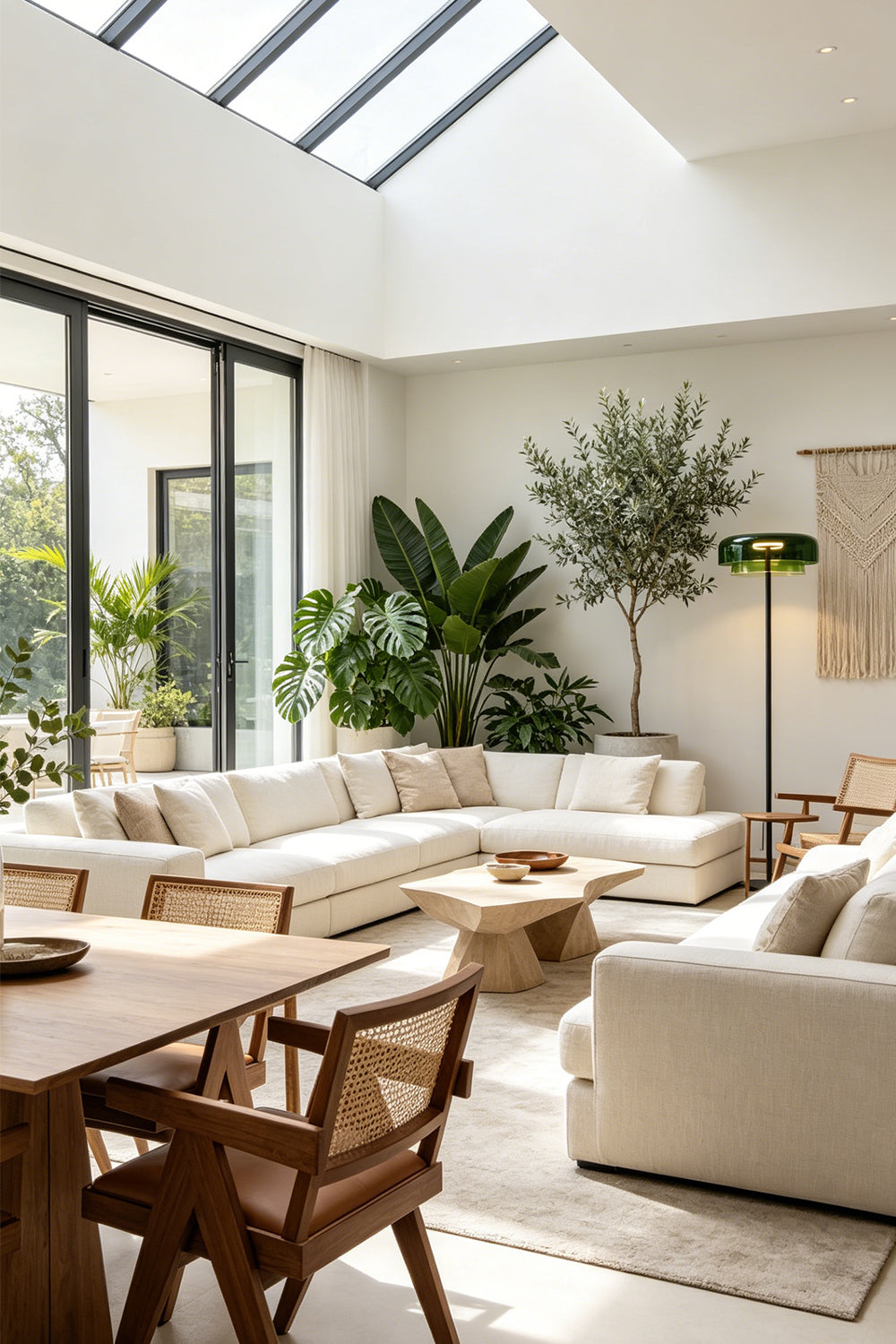Aven Minimalist Architectural Floor Lamp | Glass, Metal | Wide-angle view of the contemporary living and dining area showcasing multiple variant floor lamps adding ambiance under a bright skylight | Samu Lamp
