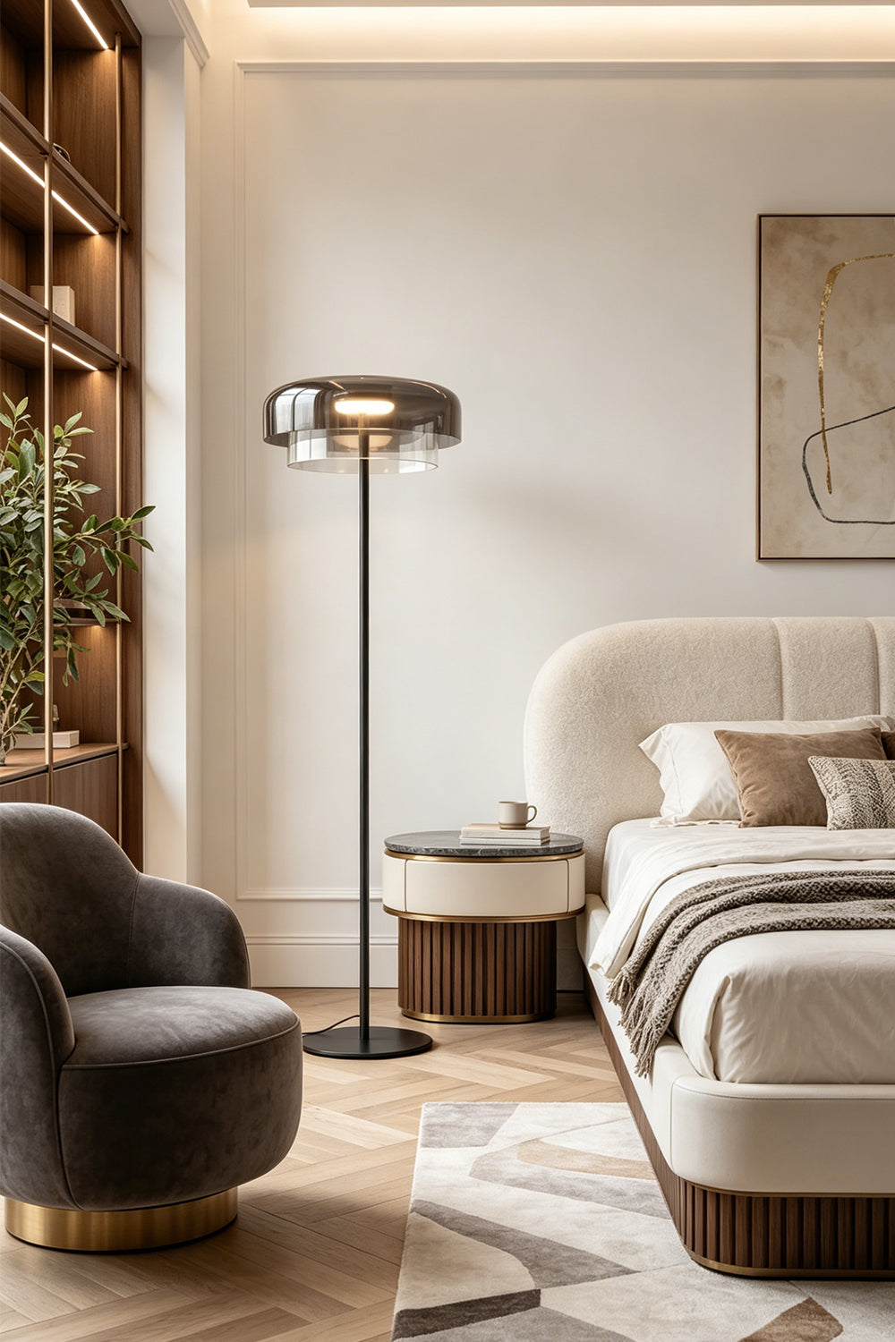 Aven Minimalist Architectural Floor Lamp | Glass, Metal | Positioned as a sleek bedroom corner reading light next to a luxurious cream bed and a round wooden nightstand | Samu Lamp