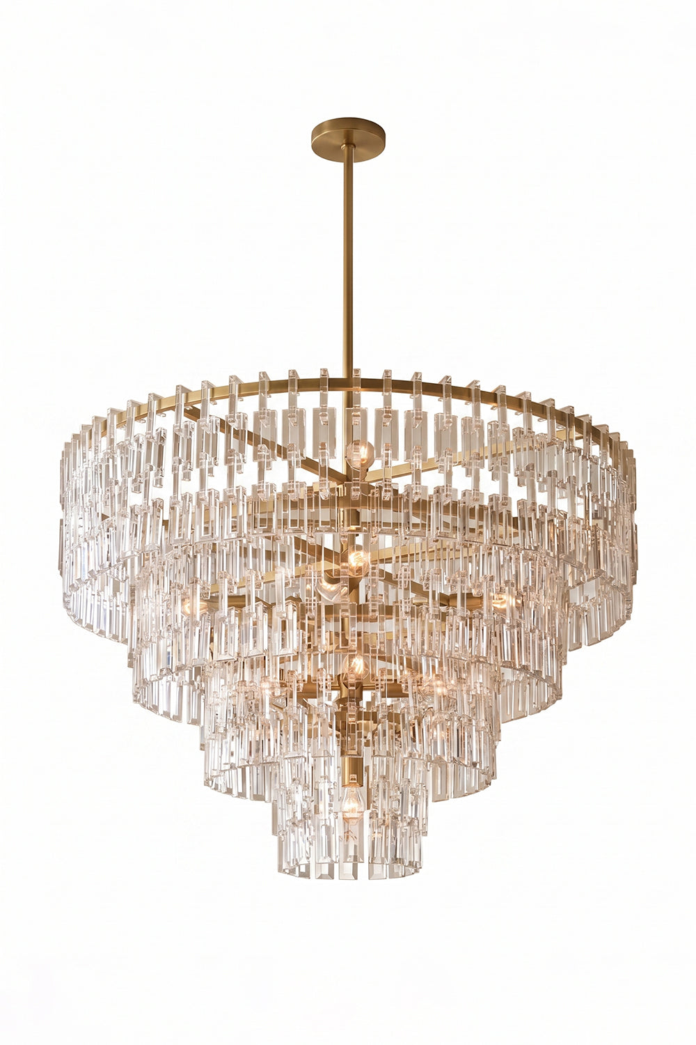 Aven Tiered Glass Prism Chandelier | Glass, Metal | Isolated lit product shot of the multi-tiered gold frame crystal variant radiating a warm golden glow on a white background | Samu Lamp