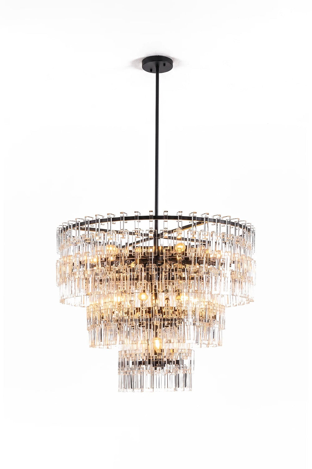 Aven Tiered Glass Prism Chandelier | Glass, Metal | Isolated unlit product shot of the multi-tiered matte black frame and clear crystal prism variant on a white background | Samu Lamp