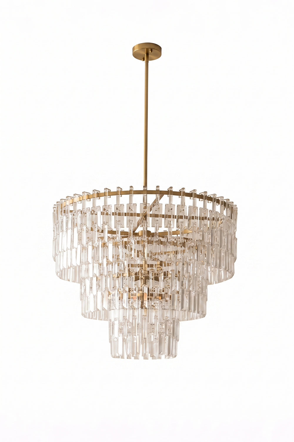 Aven Tiered Glass Prism Chandelier | Glass, Metal | Isolated unlit product shot of the multi-tiered gold brass frame and clear crystal prism variant on a white background | Samu Lamp