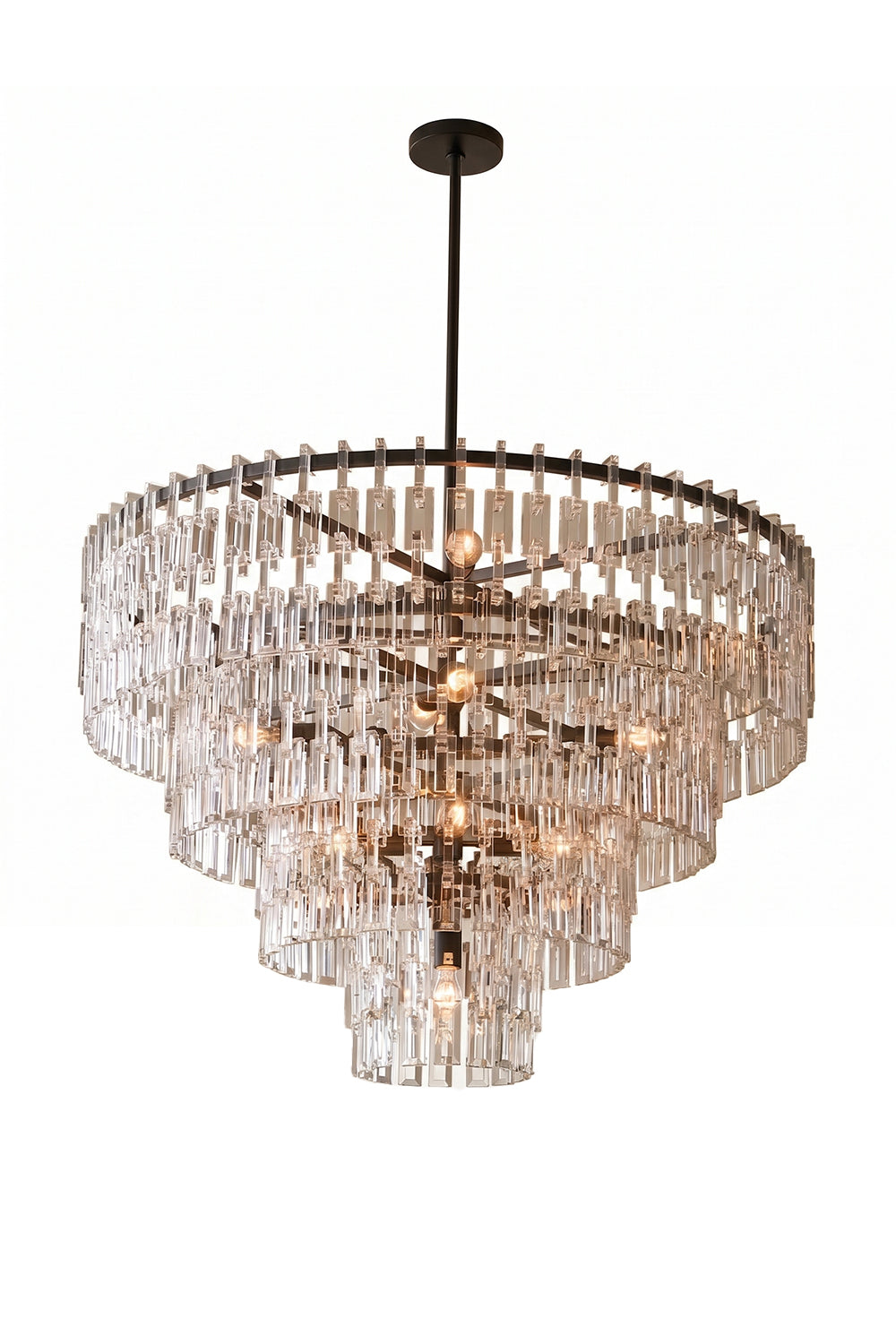 Aven Tiered Glass Prism Chandelier | Glass, Metal | Isolated lit product shot of the multi-tiered black frame crystal variant glowing intensely on a white background | Samu Lamp