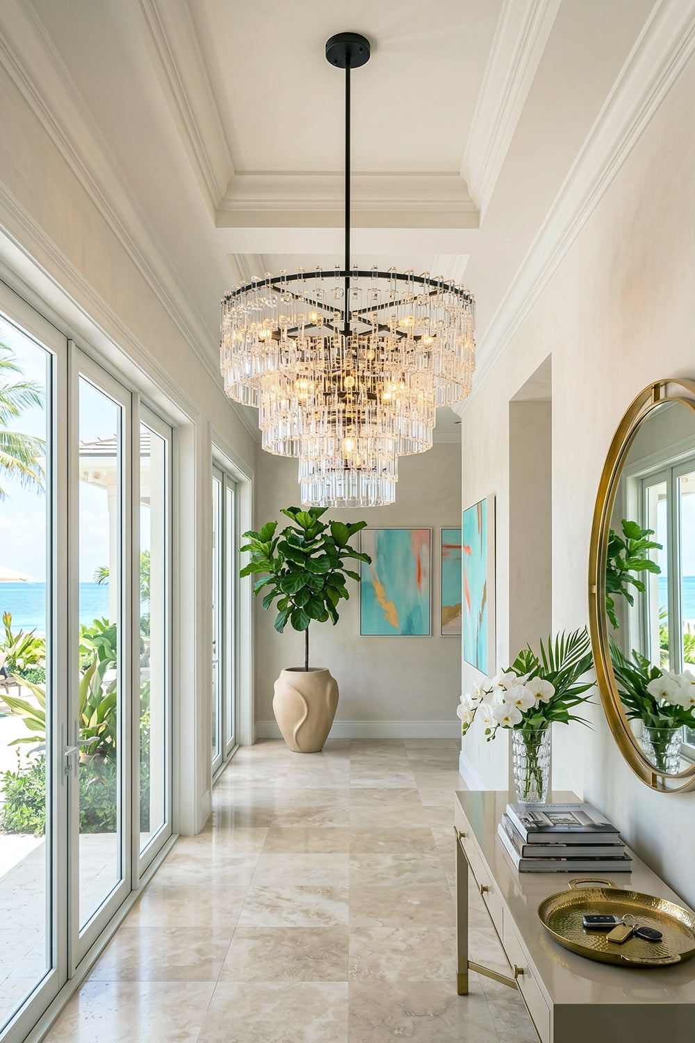Aven Tiered Glass Prism Chandelier | Glass, Metal | Hanging as a grand statement light fixture in a long, sunlit minimalist hallway with polished marble floors | Samu Lamp