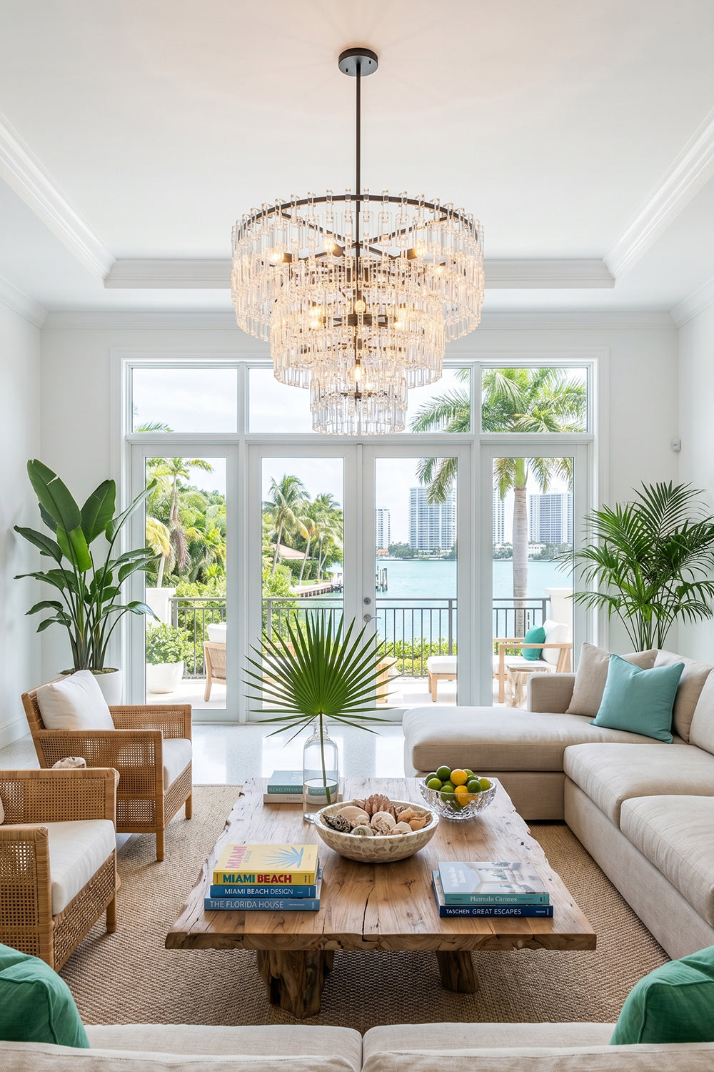 Aven Tiered Glass Prism Chandelier | Glass, Metal | Close-up scene view of the hanging tiered chandelier casting a welcoming glow over a rustic wooden coffee table | Samu Lamp