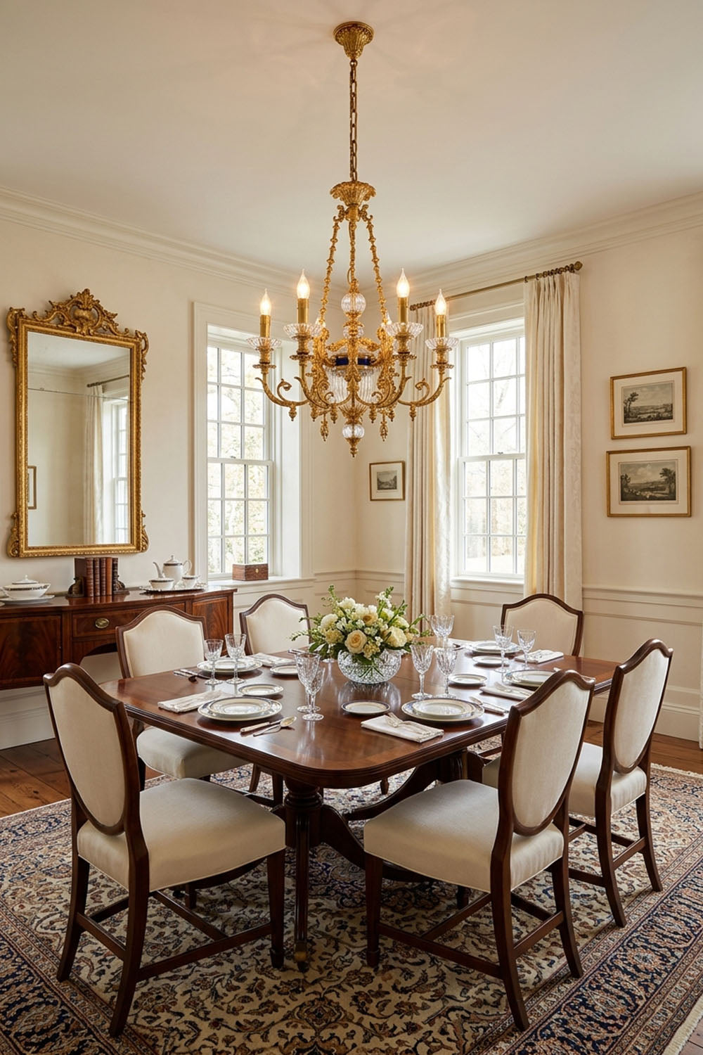 Aveyron Brass Urn Candle Chandelier | Solid Brass and Glass | Displayed in an elegant classical dining room over a long wooden table | Samu Lamp