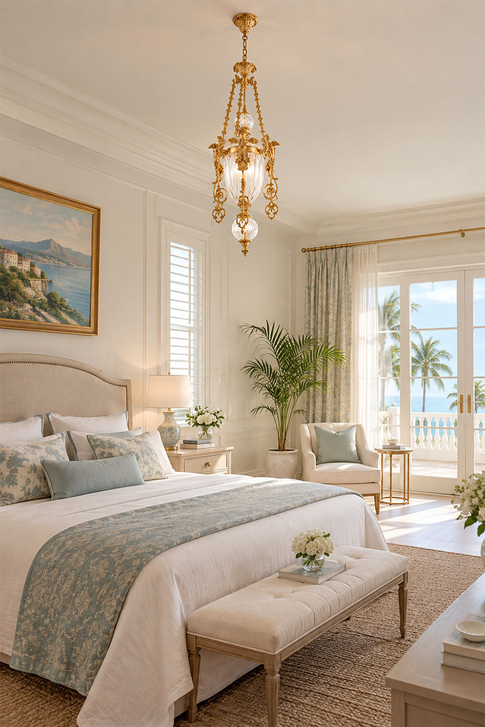 Aveyron Brass Urn Candle Chandelier | Solid Brass and Glass | Styled in a luxury bedroom featuring white bed linens and terrace views | Samu Lamp