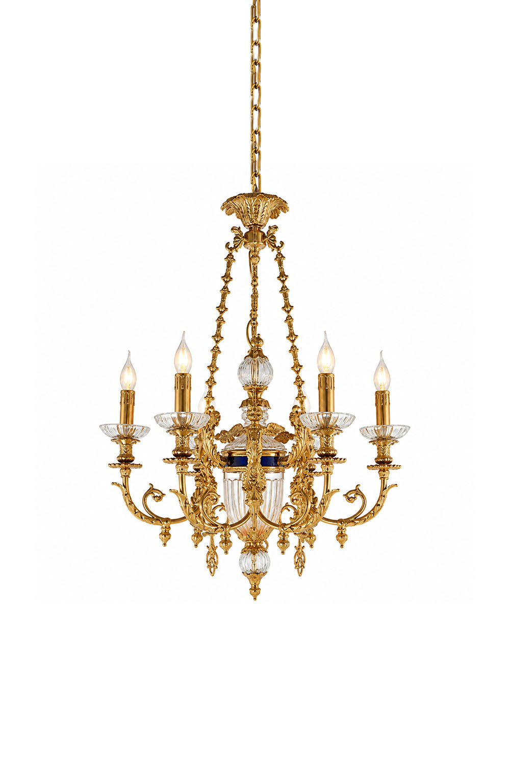 Aveyron Brass Urn Candle Chandelier | Solid Brass and Glass | Front full view on a pure white background, illuminated | Samu Lamp